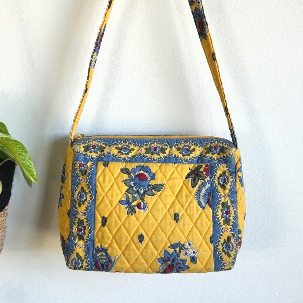 Vintage Vera Bradley Quilted Yellow Floral Cotton Shoulder Bag Blue Red Trim